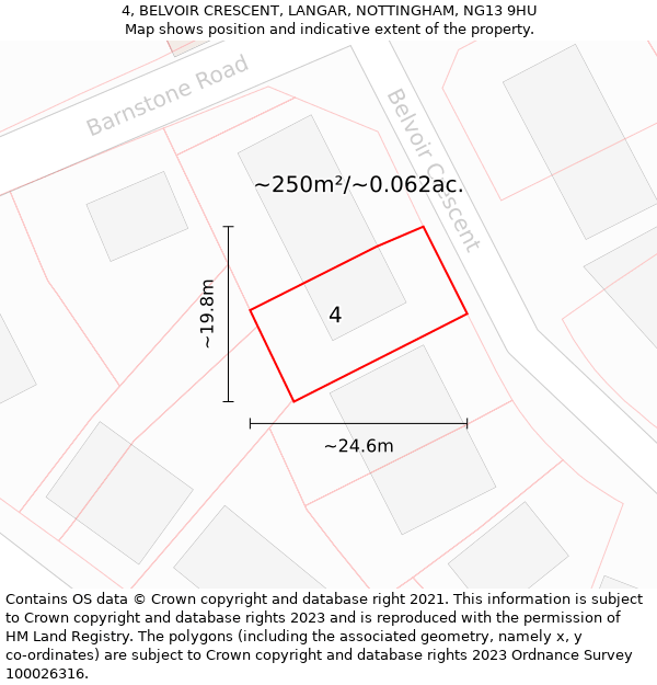 4, BELVOIR CRESCENT, LANGAR, NOTTINGHAM, NG13 9HU: Plot and title map