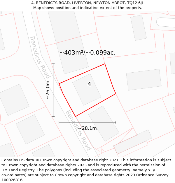 4, BENEDICTS ROAD, LIVERTON, NEWTON ABBOT, TQ12 6JL: Plot and title map