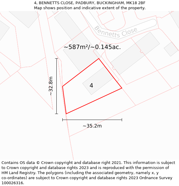 4, BENNETTS CLOSE, PADBURY, BUCKINGHAM, MK18 2BF: Plot and title map