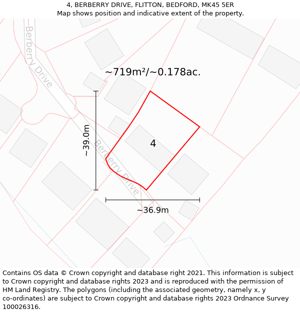 4, BERBERRY DRIVE, FLITTON, BEDFORD, MK45 5ER: Plot and title map