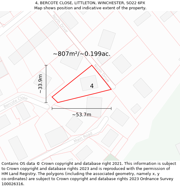 4, BERCOTE CLOSE, LITTLETON, WINCHESTER, SO22 6PX: Plot and title map