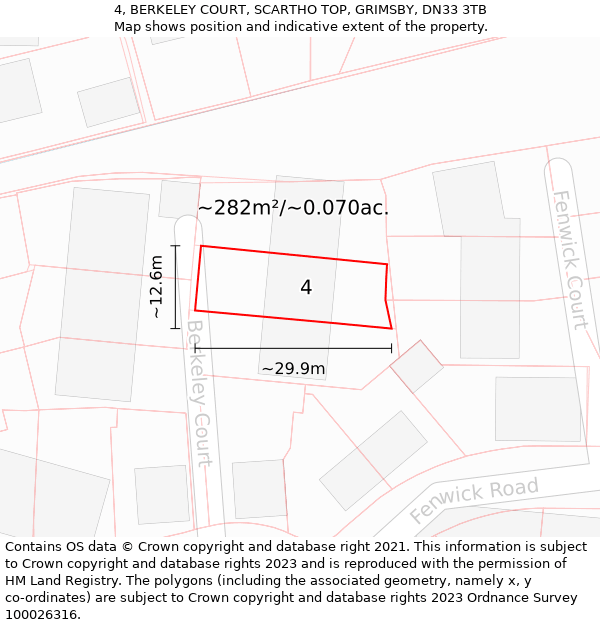 4, BERKELEY COURT, SCARTHO TOP, GRIMSBY, DN33 3TB: Plot and title map