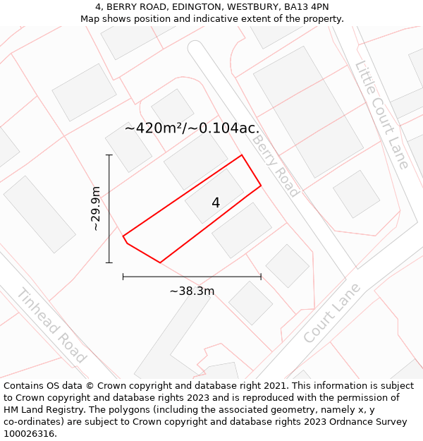 4, BERRY ROAD, EDINGTON, WESTBURY, BA13 4PN: Plot and title map