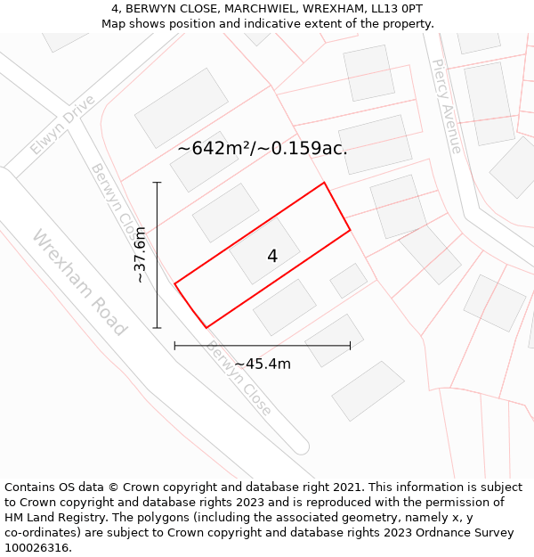 4, BERWYN CLOSE, MARCHWIEL, WREXHAM, LL13 0PT: Plot and title map