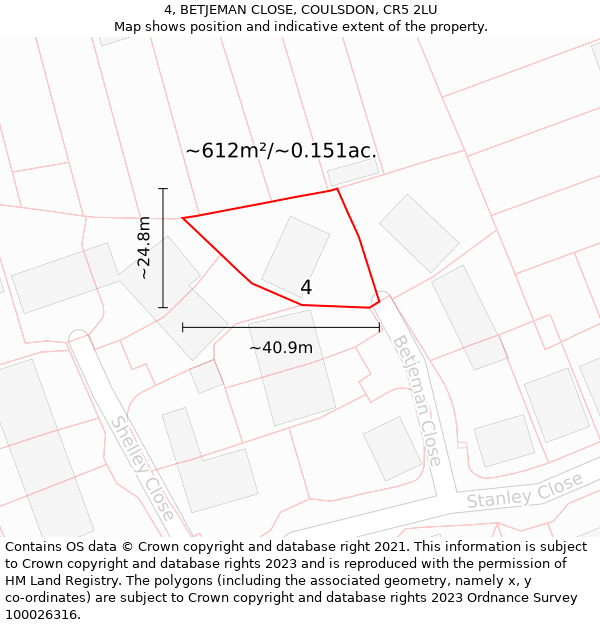 4, BETJEMAN CLOSE, COULSDON, CR5 2LU: Plot and title map