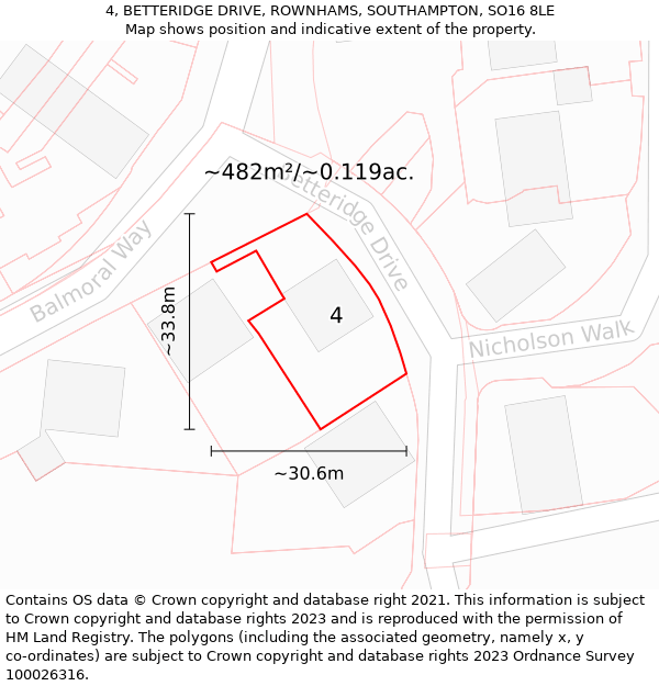 4, BETTERIDGE DRIVE, ROWNHAMS, SOUTHAMPTON, SO16 8LE: Plot and title map