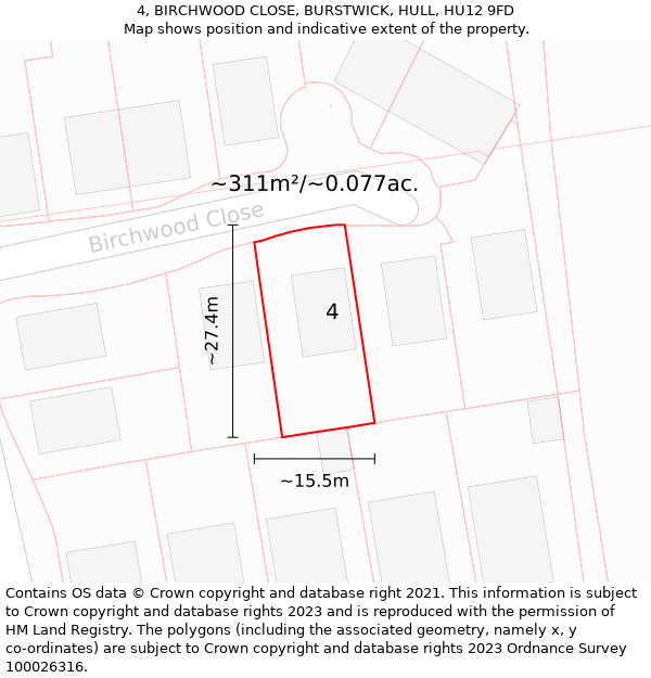 4, BIRCHWOOD CLOSE, BURSTWICK, HULL, HU12 9FD: Plot and title map