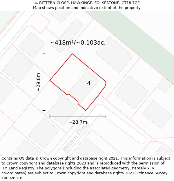 4, BITTERN CLOSE, HAWKINGE, FOLKESTONE, CT18 7GF: Plot and title map