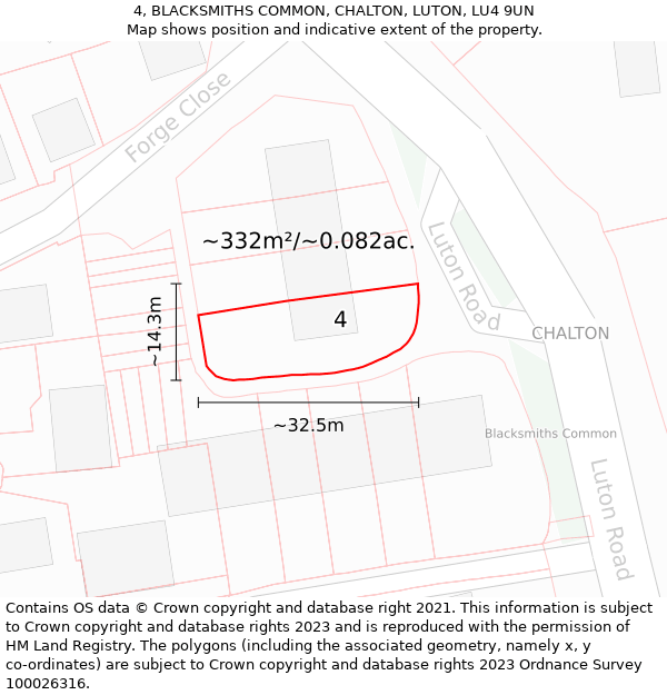 4, BLACKSMITHS COMMON, CHALTON, LUTON, LU4 9UN: Plot and title map