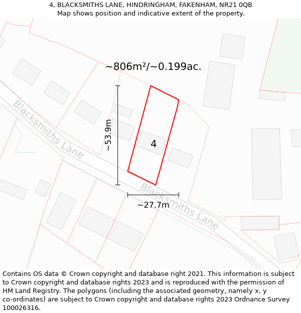 4, BLACKSMITHS LANE, HINDRINGHAM, FAKENHAM, NR21 0QB: Plot and title map