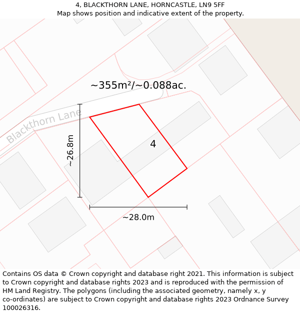 4, BLACKTHORN LANE, HORNCASTLE, LN9 5FF: Plot and title map