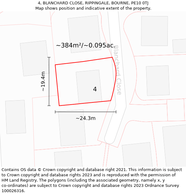 4, BLANCHARD CLOSE, RIPPINGALE, BOURNE, PE10 0TJ: Plot and title map