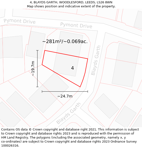 4, BLAYDS GARTH, WOODLESFORD, LEEDS, LS26 8WN: Plot and title map