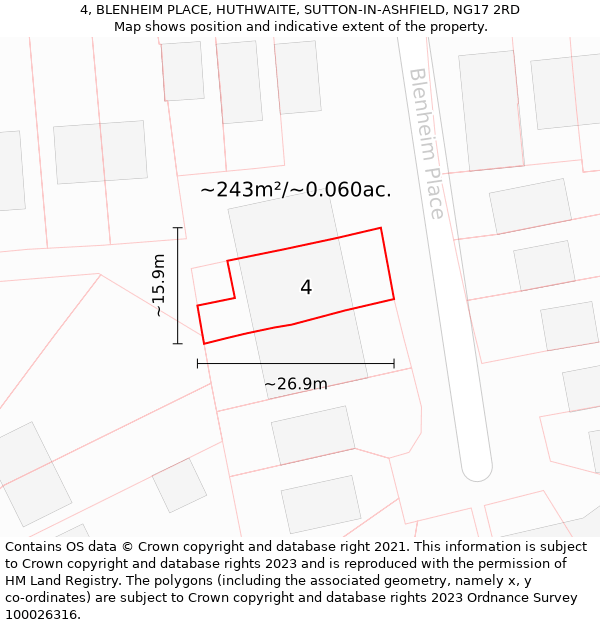 4, BLENHEIM PLACE, HUTHWAITE, SUTTON-IN-ASHFIELD, NG17 2RD: Plot and title map