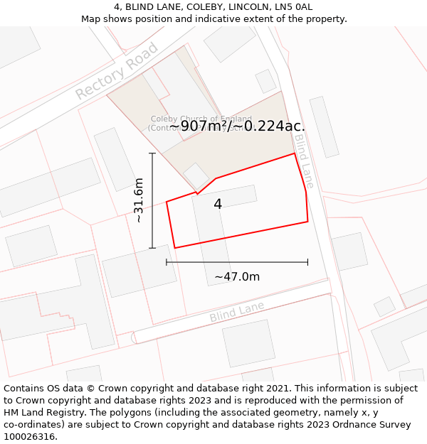 4, BLIND LANE, COLEBY, LINCOLN, LN5 0AL: Plot and title map