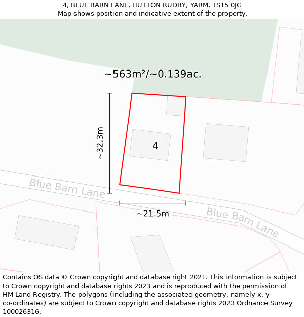 4, BLUE BARN LANE, HUTTON RUDBY, YARM, TS15 0JG: Plot and title map