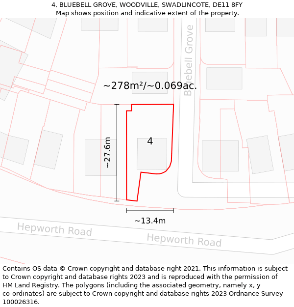 4, BLUEBELL GROVE, WOODVILLE, SWADLINCOTE, DE11 8FY: Plot and title map