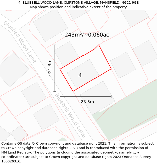 4, BLUEBELL WOOD LANE, CLIPSTONE VILLAGE, MANSFIELD, NG21 9GB: Plot and title map