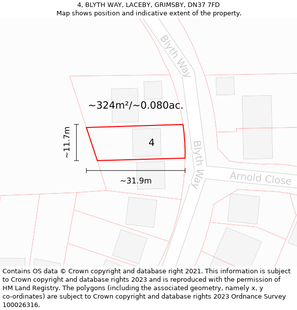 4, BLYTH WAY, LACEBY, GRIMSBY, DN37 7FD: Plot and title map