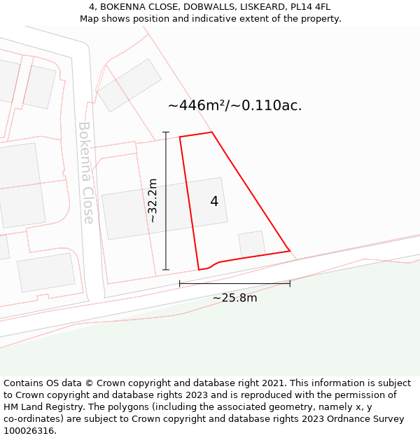 4, BOKENNA CLOSE, DOBWALLS, LISKEARD, PL14 4FL: Plot and title map