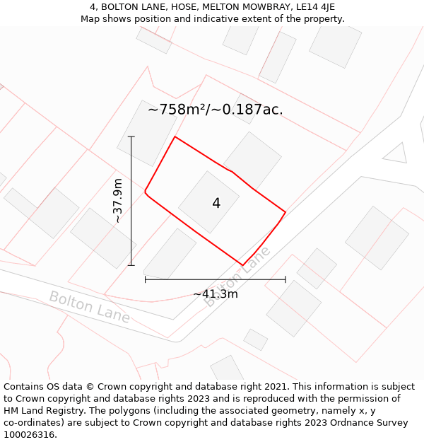 4, BOLTON LANE, HOSE, MELTON MOWBRAY, LE14 4JE: Plot and title map