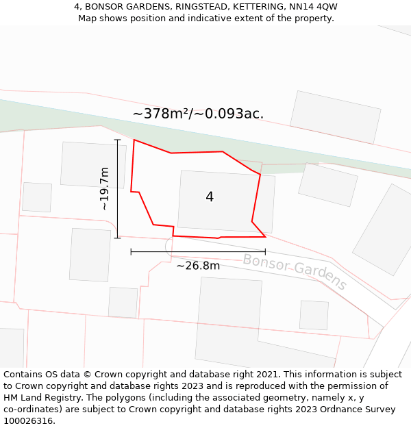 4, BONSOR GARDENS, RINGSTEAD, KETTERING, NN14 4QW: Plot and title map