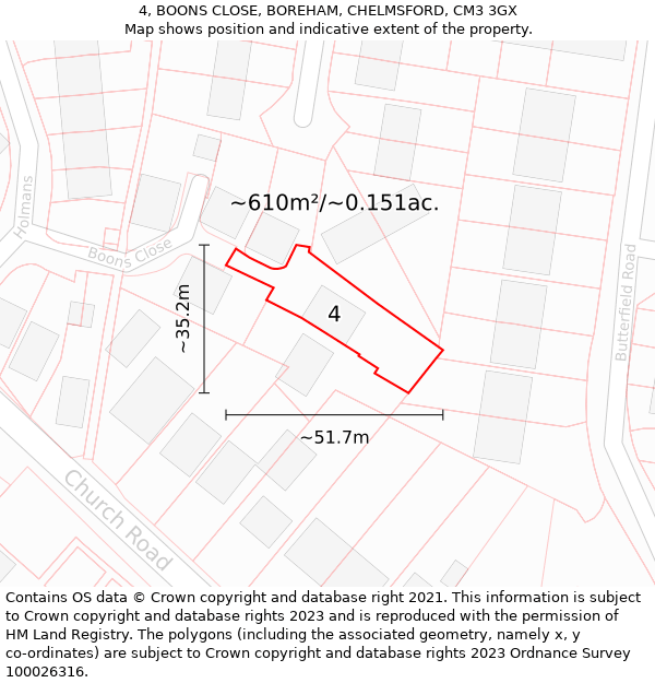 4, BOONS CLOSE, BOREHAM, CHELMSFORD, CM3 3GX: Plot and title map