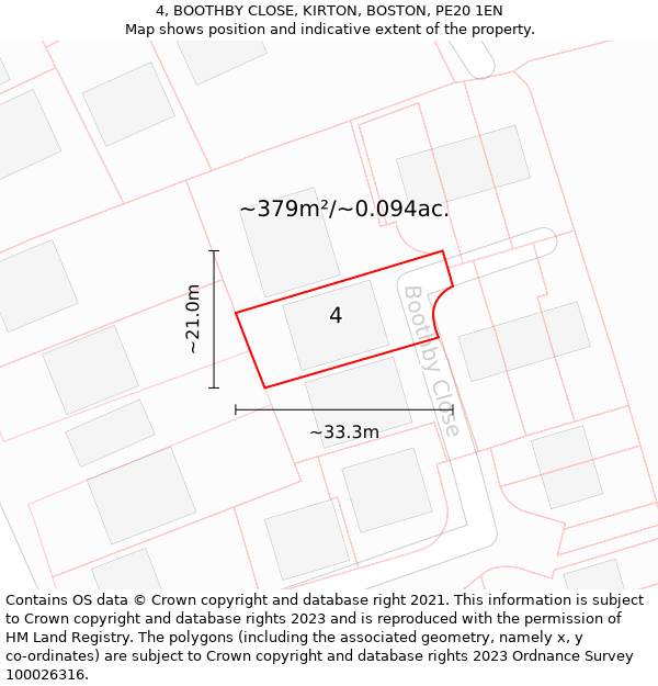 4, BOOTHBY CLOSE, KIRTON, BOSTON, PE20 1EN: Plot and title map