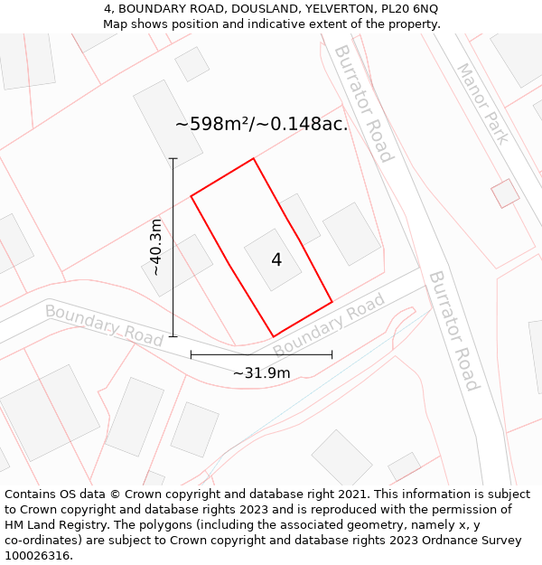 4, BOUNDARY ROAD, DOUSLAND, YELVERTON, PL20 6NQ: Plot and title map