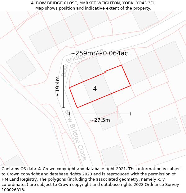 4, BOW BRIDGE CLOSE, MARKET WEIGHTON, YORK, YO43 3FH: Plot and title map