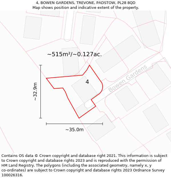 4, BOWEN GARDENS, TREVONE, PADSTOW, PL28 8QD: Plot and title map