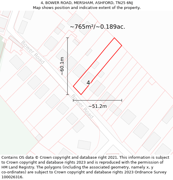 4, BOWER ROAD, MERSHAM, ASHFORD, TN25 6NJ: Plot and title map
