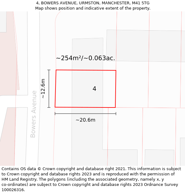 4, BOWERS AVENUE, URMSTON, MANCHESTER, M41 5TG: Plot and title map