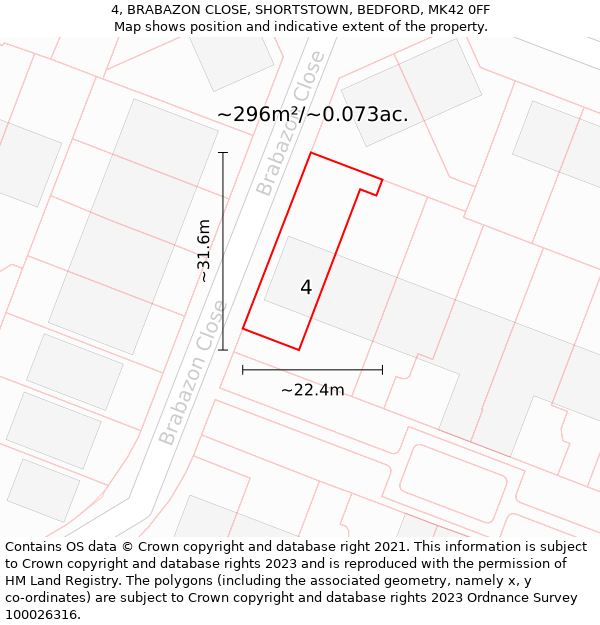 4, BRABAZON CLOSE, SHORTSTOWN, BEDFORD, MK42 0FF: Plot and title map