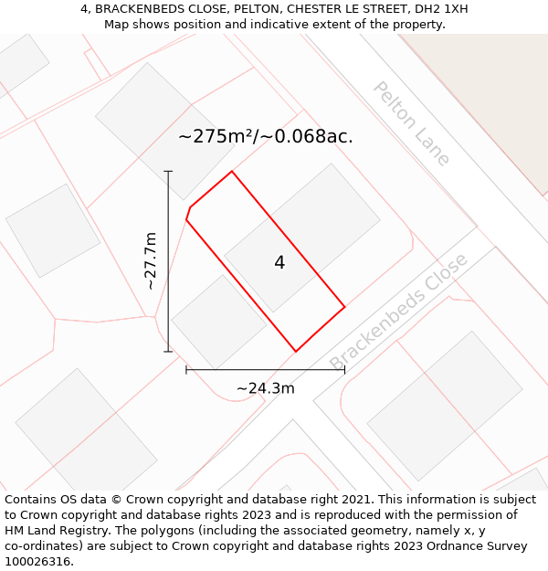 4, BRACKENBEDS CLOSE, PELTON, CHESTER LE STREET, DH2 1XH: Plot and title map