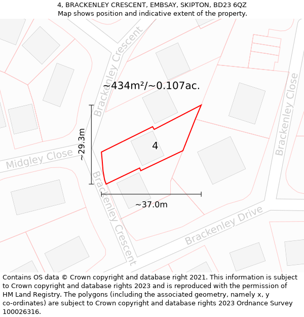 4, BRACKENLEY CRESCENT, EMBSAY, SKIPTON, BD23 6QZ: Plot and title map