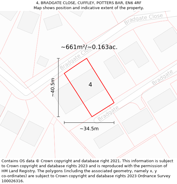 4, BRADGATE CLOSE, CUFFLEY, POTTERS BAR, EN6 4RF: Plot and title map