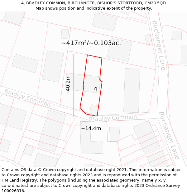 4, BRADLEY COMMON, BIRCHANGER, BISHOP'S STORTFORD, CM23 5QD: Plot and title map