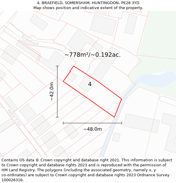 4, BRAEFIELD, SOMERSHAM, HUNTINGDON, PE28 3YD: Plot and title map