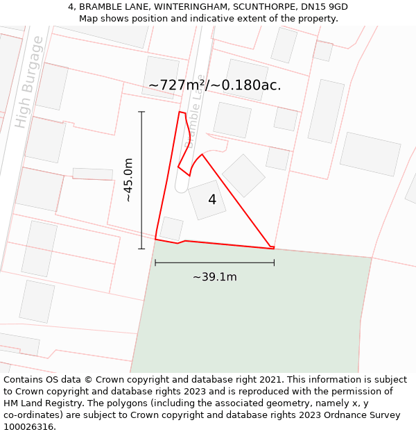 4, BRAMBLE LANE, WINTERINGHAM, SCUNTHORPE, DN15 9GD: Plot and title map