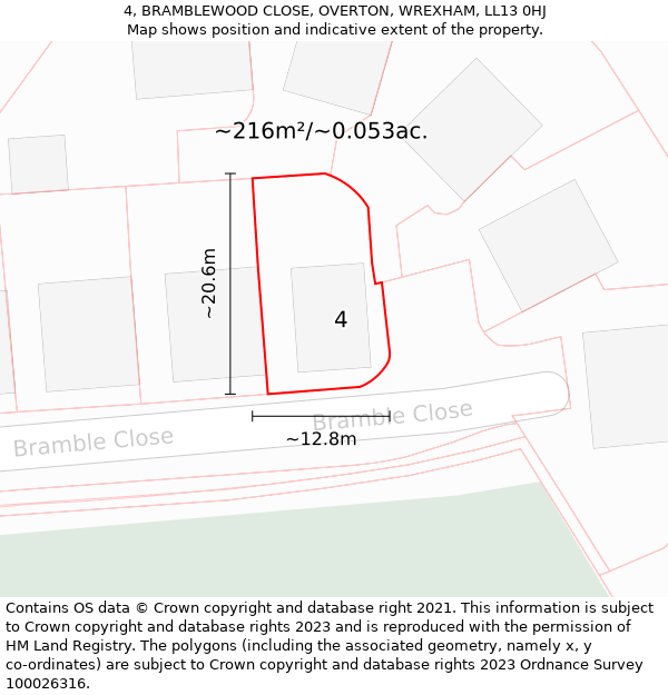 4, BRAMBLEWOOD CLOSE, OVERTON, WREXHAM, LL13 0HJ: Plot and title map