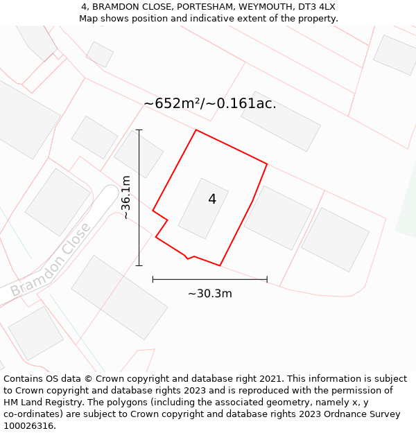 4, BRAMDON CLOSE, PORTESHAM, WEYMOUTH, DT3 4LX: Plot and title map