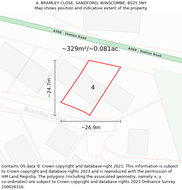 4, BRAMLEY CLOSE, SANDFORD, WINSCOMBE, BS25 5NY: Plot and title map