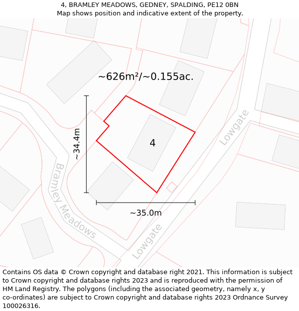 4, BRAMLEY MEADOWS, GEDNEY, SPALDING, PE12 0BN: Plot and title map