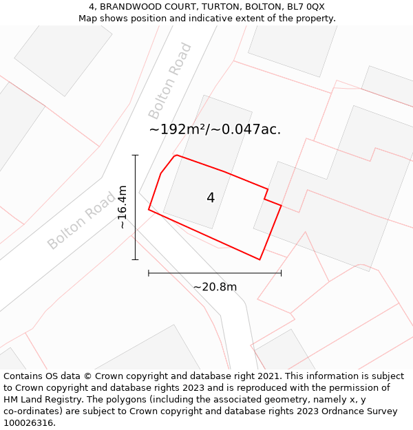 4, BRANDWOOD COURT, TURTON, BOLTON, BL7 0QX: Plot and title map