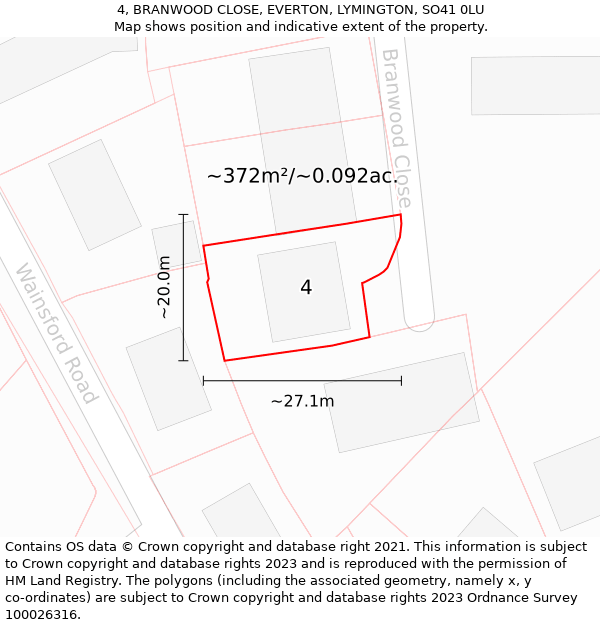 4, BRANWOOD CLOSE, EVERTON, LYMINGTON, SO41 0LU: Plot and title map