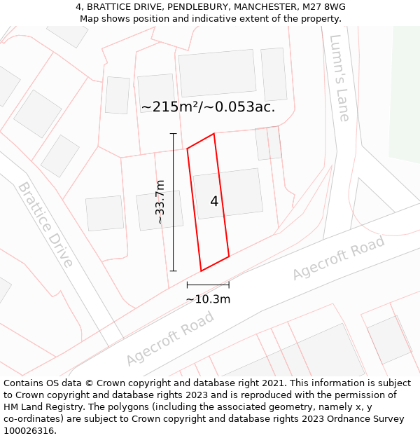 4, BRATTICE DRIVE, PENDLEBURY, MANCHESTER, M27 8WG: Plot and title map