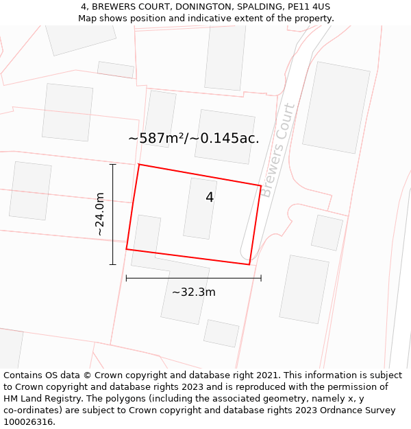 4, BREWERS COURT, DONINGTON, SPALDING, PE11 4US: Plot and title map