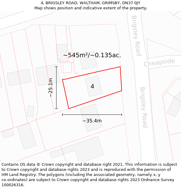 4, BRIGSLEY ROAD, WALTHAM, GRIMSBY, DN37 0JY: Plot and title map