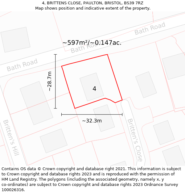 4, BRITTENS CLOSE, PAULTON, BRISTOL, BS39 7RZ: Plot and title map